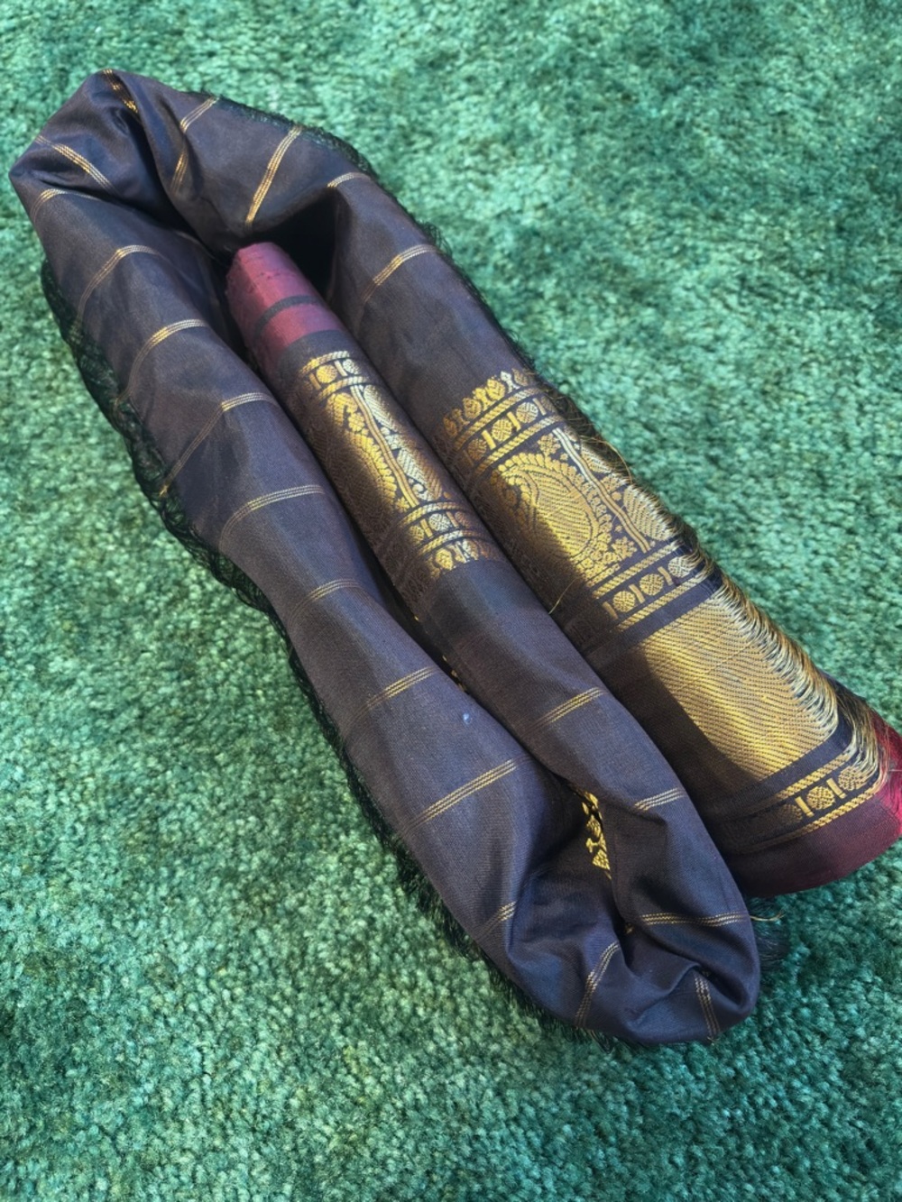 Elegant olive green, maroon and Gold gadwal sari